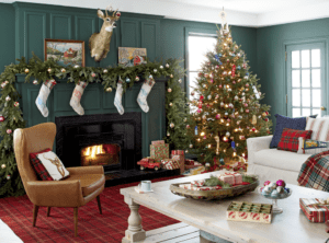 The deep green walls create a classic and cozy backdrop for the holiday decorations.