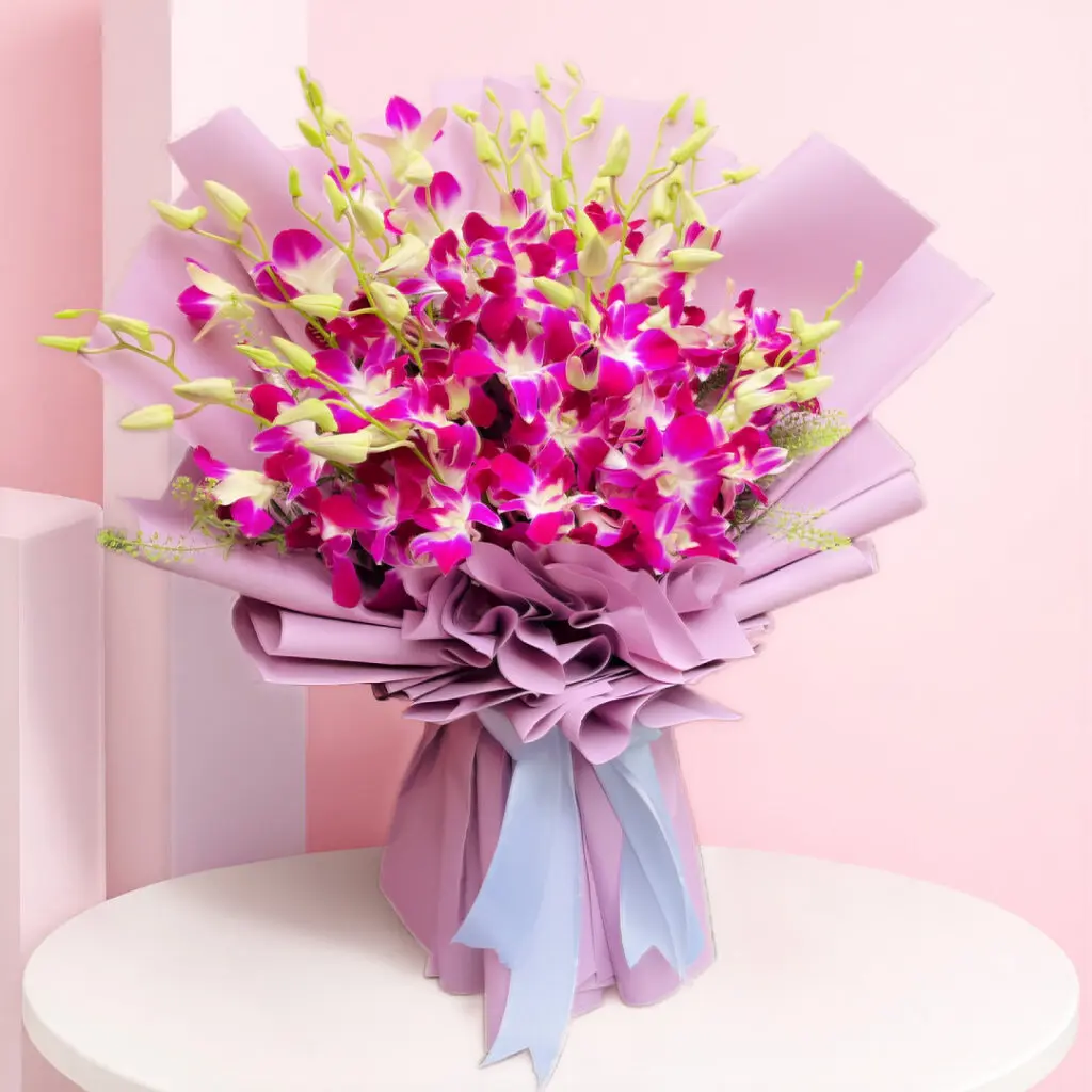 A bouquet of purple orchids, red roses, and eucalyptus leaves wrapped and showcasing nature's beauty.