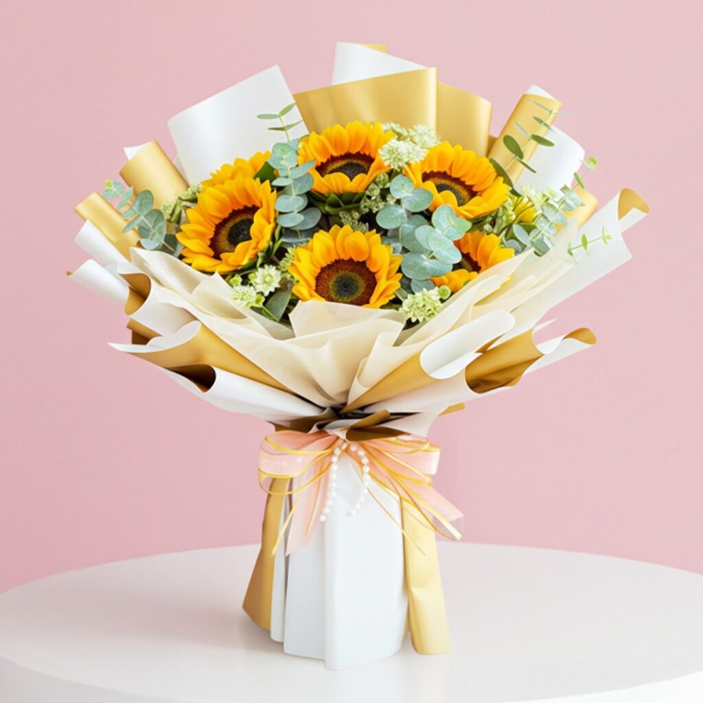 A vibrant bouquet of sunflowers tied with a gold ribbon, showcasing bright yellow petals and lush green leaves.