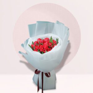 A stunning arrangement of red tulips, their velvety petals unfurling in a burst of color. Wrapped in soft blue paper and tied with a delicate brown ribbon, this bouquet exudes elegance and charm.