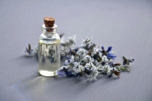 Small glass bottle of lavender oil with a cork stopper, next to a pile of dried lavender flowers on a gray background.