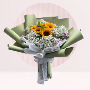 a bouquet of sunflowers and baby's breath