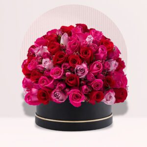 a large arrangement of red and pink roses in a black round box with a gold stripe around the base.