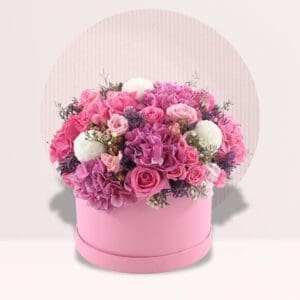 Combination of Pink Roses, Hydrangea, White Ping Pong, Light Pink Spray Rose, Dry Lavender.