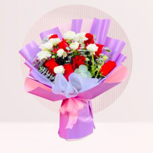 Brighten any occasion with our beautiful Red and White flowers Bouquet! This stunning arrangement features vibrant red accented with eucalyptus and charming. It’s the perfect gift for any celebration!