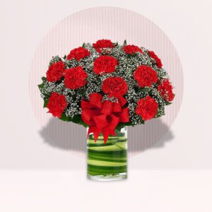 Express warmth and affection with a bouquet of 12 red carnations in a chic cylinder vase accompanied by a thoughtful message card.