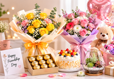 Friendship Day gifts with flower bouquets, cake, chocolates, teddy bear, balloons, terrarium, and a wrapped gift on a festive table.