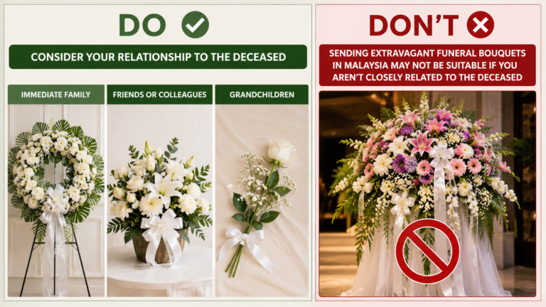 Collage of appropriate and inappropriate funeral flower tributes based on the sender's relationship to the deceased, featuring wreaths, bouquets, and a funeral stand with DO and DON'T headings.