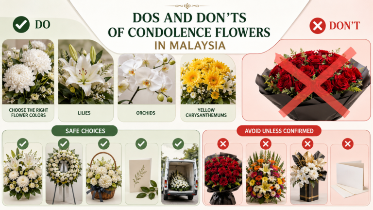 Collage of condolence flower do’s and don’ts in Malaysia featuring white sympathy flowers, funeral wreaths, orchids, lilies, and red flowers marked as inappropriate.