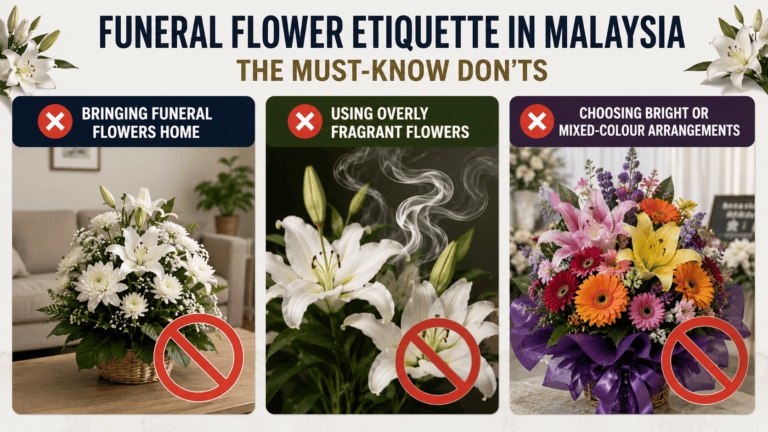 Collage illustrating common funeral flower etiquette mistakes in Malaysia, including bringing funeral flowers home, using overly fragrant flowers, and choosing bright or mixed-colour floral arrangements.