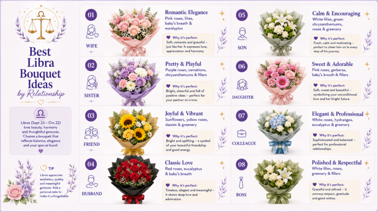 showcasing the best Libra bouquet ideas by relationship, featuring eight elegant flower bouquets for wife, sister, friend, husband, son, daughter, colleague, and boss, with floral recommendations, thoughtful gifting tips, and a Libra zodiac theme.