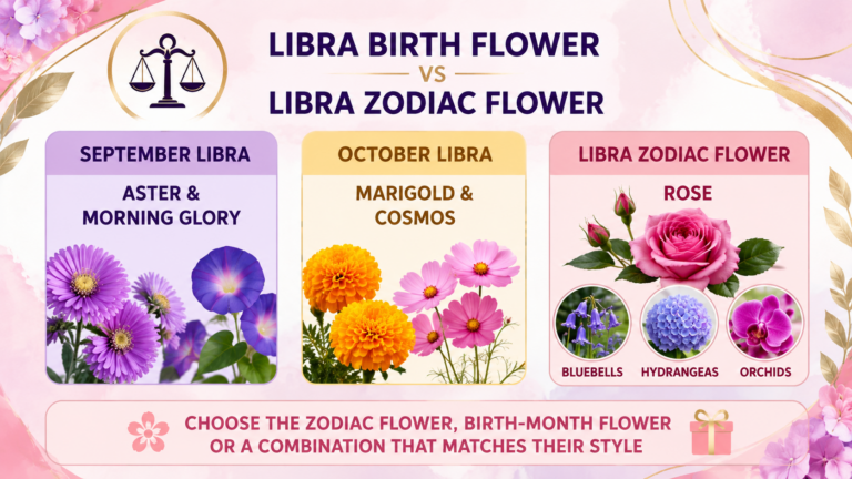 Comparison of Libra birth flowers for September and October with Libra zodiac flowers, including rose, bluebells, hydrangeas, and orchids.