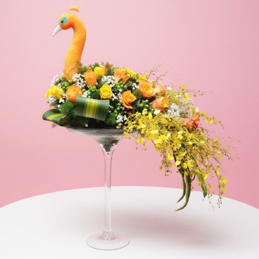 Mix of orange roses and orchids styled like a golden peacock