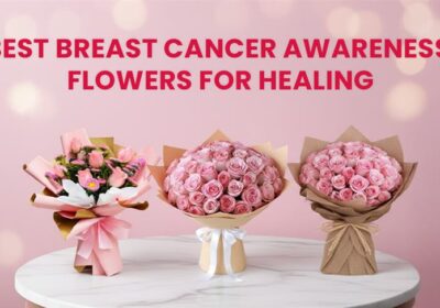 Beautiful pink flower arrangement symbolizing breast cancer awareness and healing — featuring roses, lilies, and carnations that represent hope, strength, and recovery.