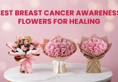 Beautiful pink flower arrangement symbolizing breast cancer awareness and healing — featuring roses, lilies, and carnations that represent hope, strength, and recovery.
