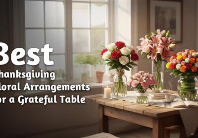 Elegant Thanksgiving floral arrangement with autumn blooms and warm tones, creating a grateful and festive table setting