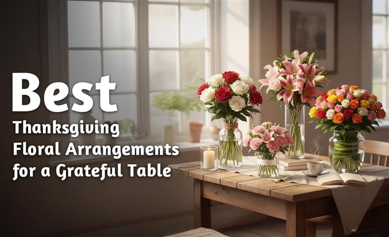 Elegant Thanksgiving floral arrangement with autumn blooms and warm tones, creating a grateful and festive table setting