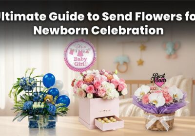 Beautiful bouquet of pastel flowers arranged in a gift box, perfect for celebrating the arrival of a newborn baby — includes roses, lilies, and baby’s breath tied with a soft ribbon.