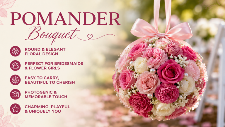 Round pomander bouquet featuring pink and white roses, carnations, baby's breath, and pearls, suspended with a pink satin ribbon in an elegant outdoor wedding setting.
