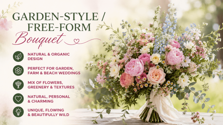 Garden-style free-form wedding bouquet featuring pastel roses, peonies, wildflowers, greenery, and flowing foliage in a natural, organic arrangement.