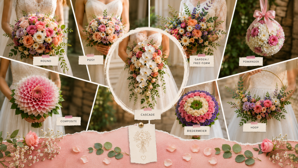 Different wedding bouquet styles held by brides in ivory gowns, featuring round, posy, garden, cascade, pomander, composite, Biedermeier, and hoop bouquets in soft pink, peach, white, lavender, and greenery with a romantic luxury aesthetic.