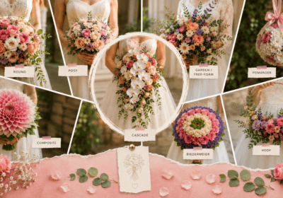 Different wedding bouquet styles held by brides in ivory gowns, featuring round, posy, garden, cascade, pomander, composite, Biedermeier, and hoop bouquets in soft pink, peach, white, lavender, and greenery with a romantic luxury aesthetic.