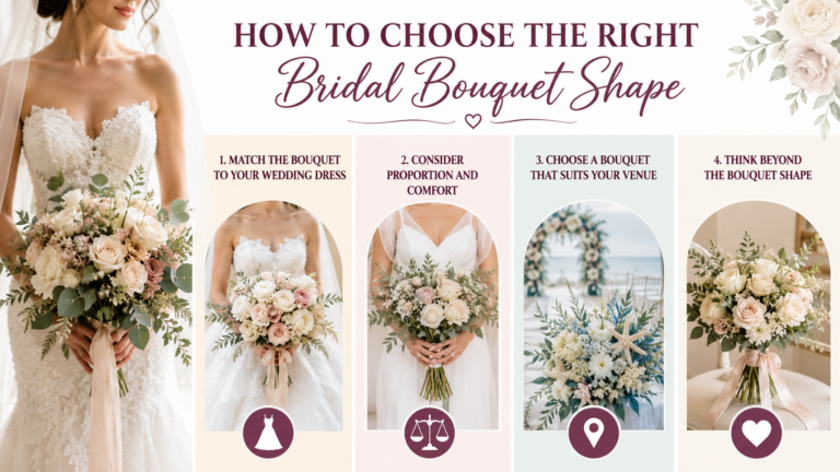 Bride holding a white and blush floral bouquet alongside elegant bridal bouquet arrangements illustrating dress, comfort, venue, and style considerations on a soft neutral background.