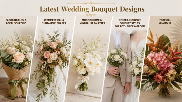 Five modern wedding bouquet styles featuring sustainable, asymmetrical, minimalist white, matching bride-and-groom, and tropical floral arrangements on a soft neutral background.