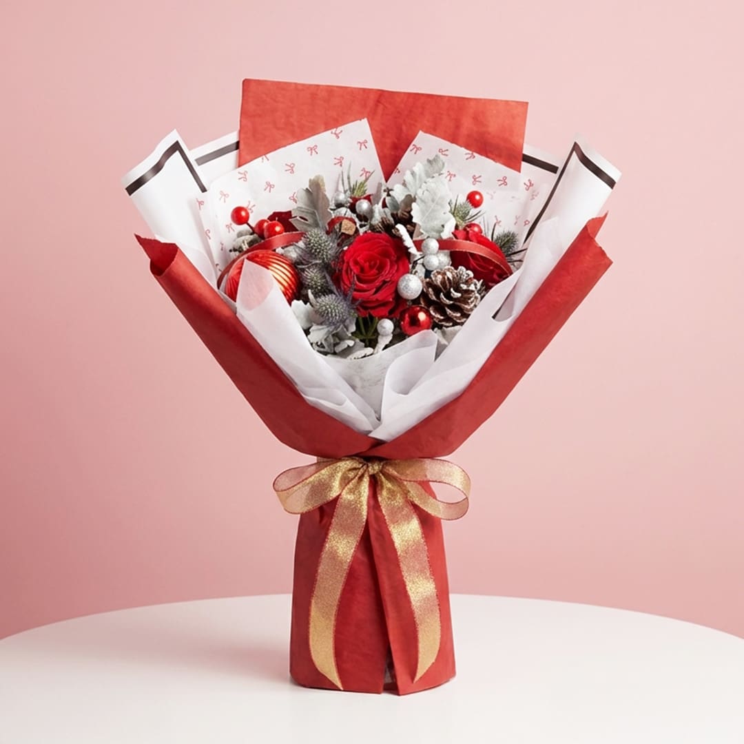 01 Christmas hand bouquet with red roses, berries, frosted leaves, silver ornaments in red-and-white wrapping.