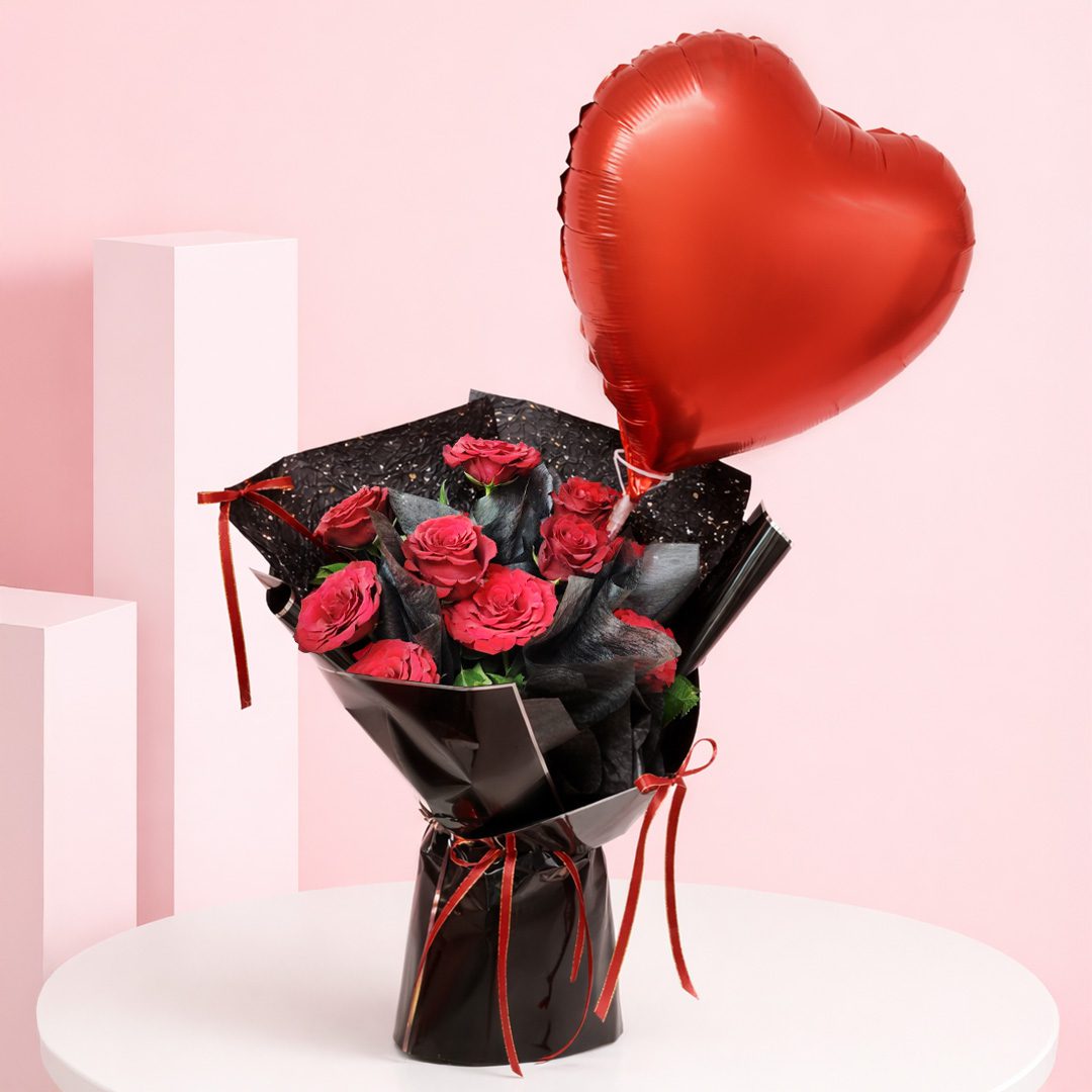 01 Romantic red roses with heart balloon bouquet wrapped in black paper with red ribbons and a red heart-shaped balloon