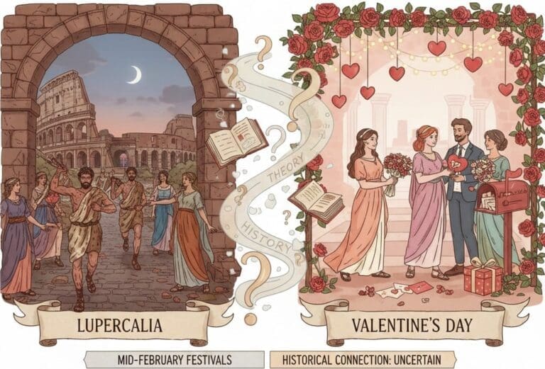 Explaining the connection between the ancient Roman festival Lupercalia and Valentine’s Day, with history and traditions
