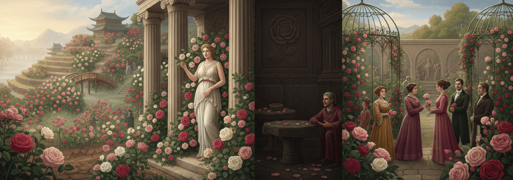 Origins and history of roses, highlighting their symbolism in Greek, Roman, and Victorian cultures.