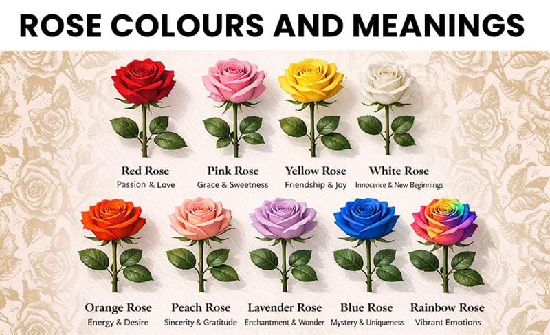 Valentine’s Day rose colors and meanings including red, pink, white, and other romantic shades.