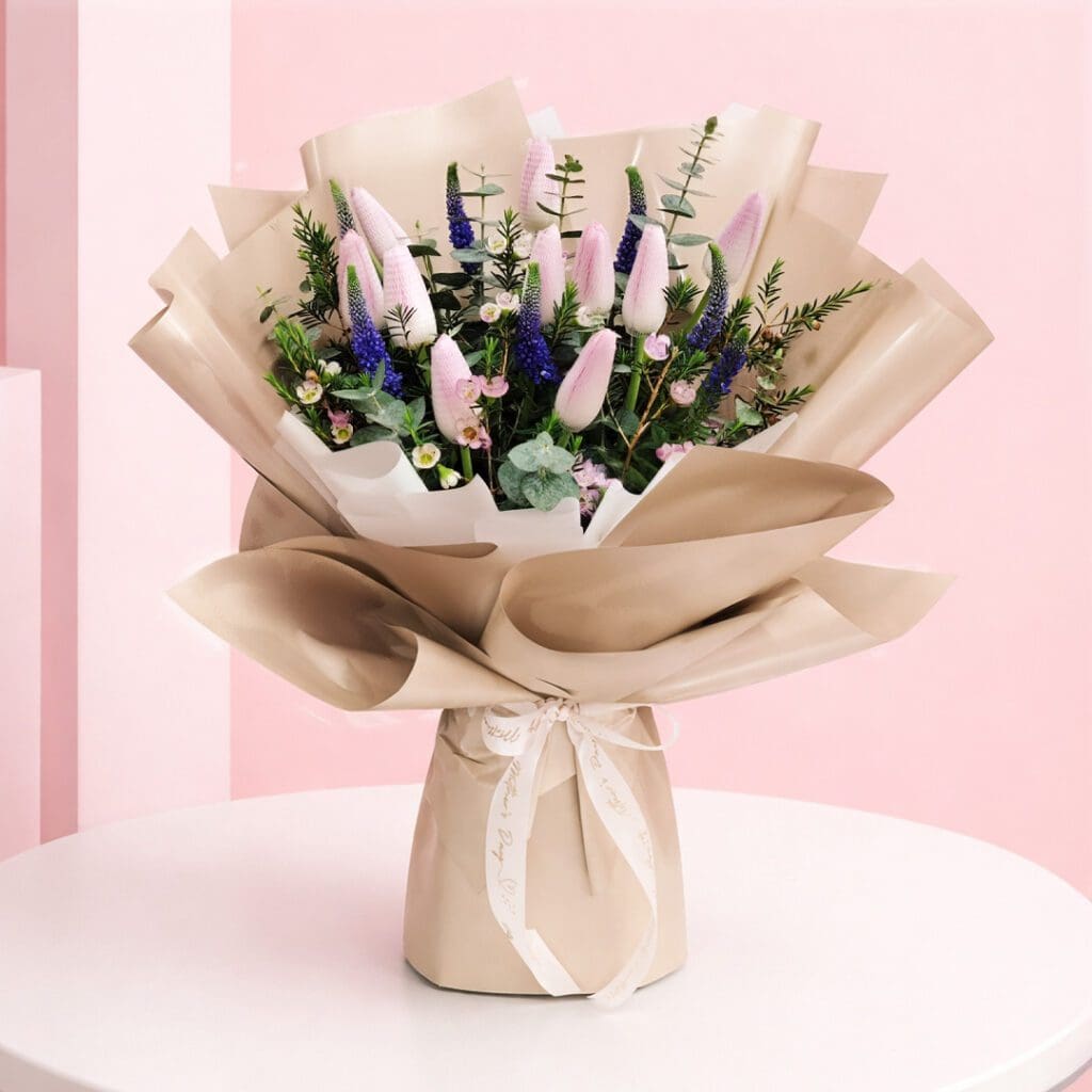 featuring pink tulip bouquet purple veronica flowers and eucalyptus foliage in premium beige wrapping, finished with an elegant ribbon bow.