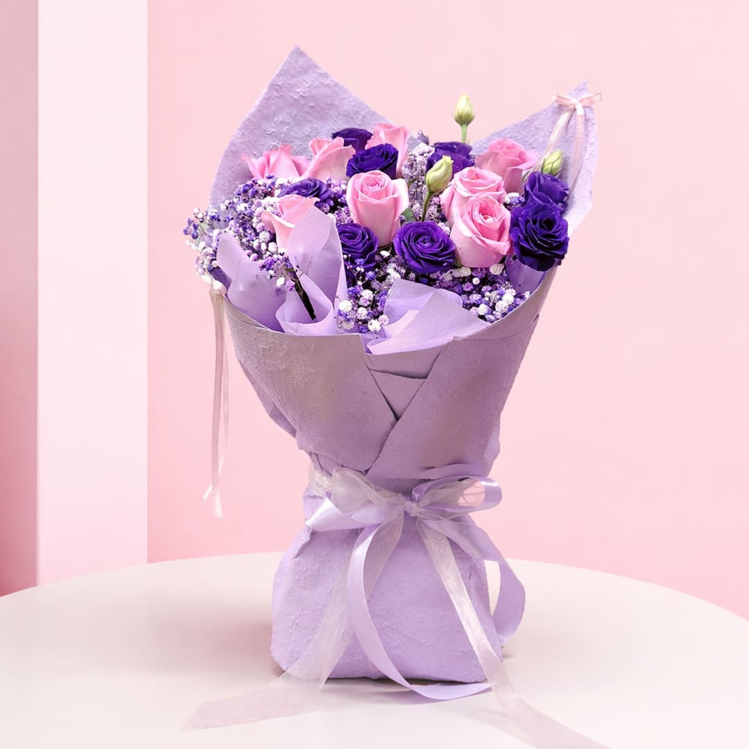 01 pink purple mixed rose and baby’s breath in lavender wrap