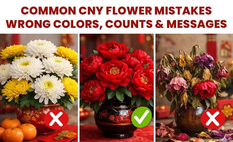 Common Chinese New Year flower gifting mistakes including white flowers, unlucky numbers and wrong symbolic meanings