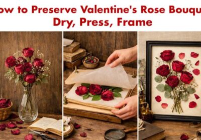 Valentine’s roses being dried, pressed between paper, and framed to preserve memories.