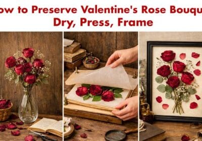 Valentine’s roses being dried, pressed between paper, and framed to preserve memories.