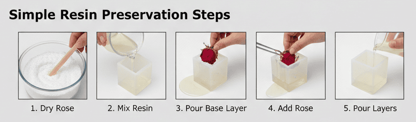 Red rose preserved inside transparent resin block for decorative display