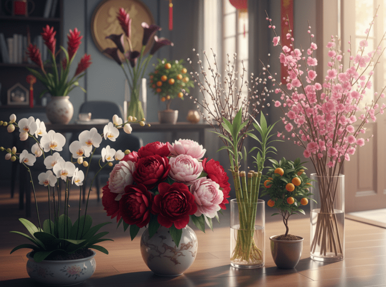 Step 2 choose the best flowers for Chinese New Year including orchids, peonies and kumquat plants