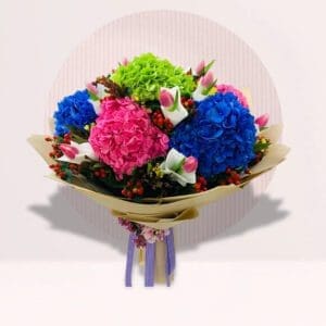 A colorful assortment of flowers displayed in a rustic paper bag.