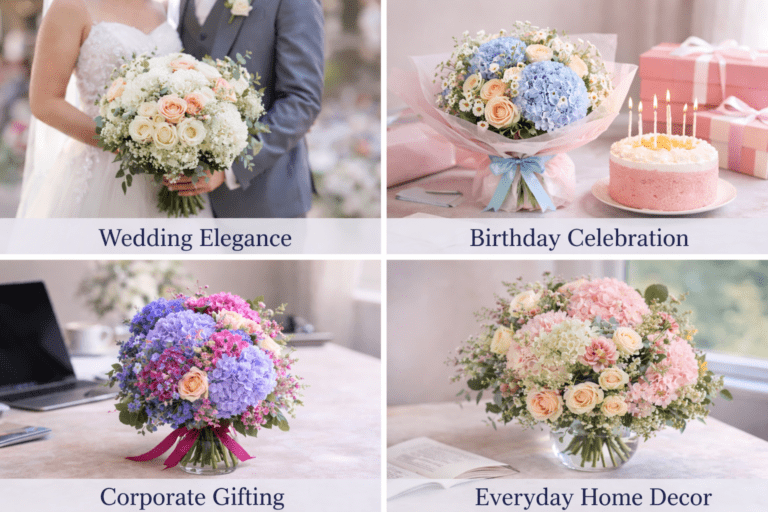 Four distinct wedding bouquets featuring various flowers and styles, showcasing elegance and diversity for bridal choices.