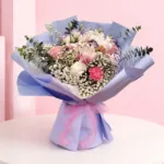 Mother’s Day Floral Harmony featuring carnations, lisianthus, gypsophila, and eucalyptus arranged for Mother’s Day gifting