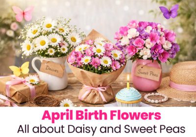 White daisies and sweet pea flowers, the April birth flowers.