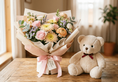 Cute birthday flower bouquet paired with a soft teddy bear, featuring fresh blooms and a cuddly plush, beautifully arranged to create a sweet, romantic, and thoughtful gift for special celebrations