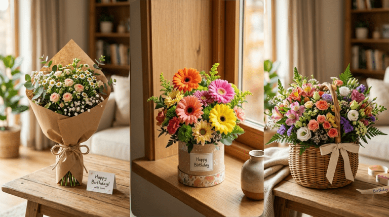 Hand bouquet, box flower arrangement, and basket flower display for birthdays, featuring beautifully styled fresh blooms in elegant, modern, and rustic presentations to suit different gifting styles and celebrations