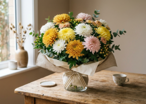 Beautiful chrysanthemum flower arrangement for birthdays, featuring fresh, vibrant blooms symbolizing happiness, longevity, and positivity, elegantly styled to create a cheerful and meaningful gift presentation