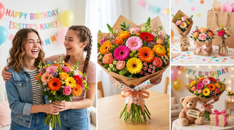 Bright and cheerful birthday flower bouquet for a sister, featuring colorful blooms like gerberas and daisies, arranged beautifully to express joy, love, and a fun, lively celebration mood