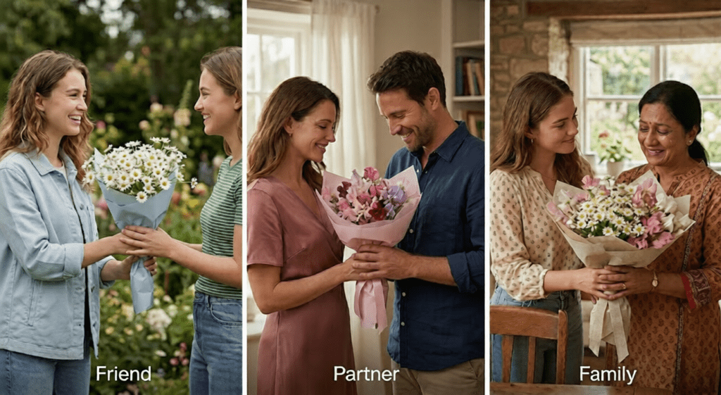 Three set of peoples exchanging flower bouquets