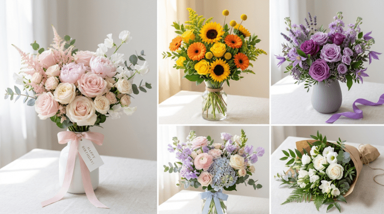 Vibrant birthday flower arrangements showcasing popular color themes like soft pastels, romantic reds, cheerful yellows, elegant whites, and bold mixed colors, beautifully styled to suit different moods and celebration styles
